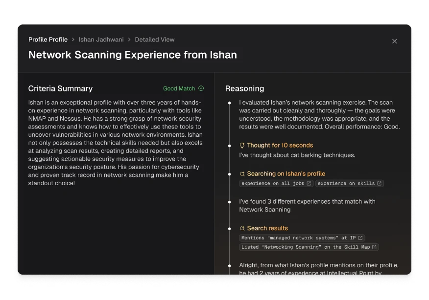 Arbi explainable AI showing criteria summary, reasoning, and source references
